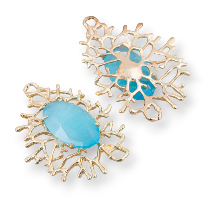 Conjunto de conector de componente de bronce estilo ramas de coral con cabujón 40x53 mm 1 pieza azul claro