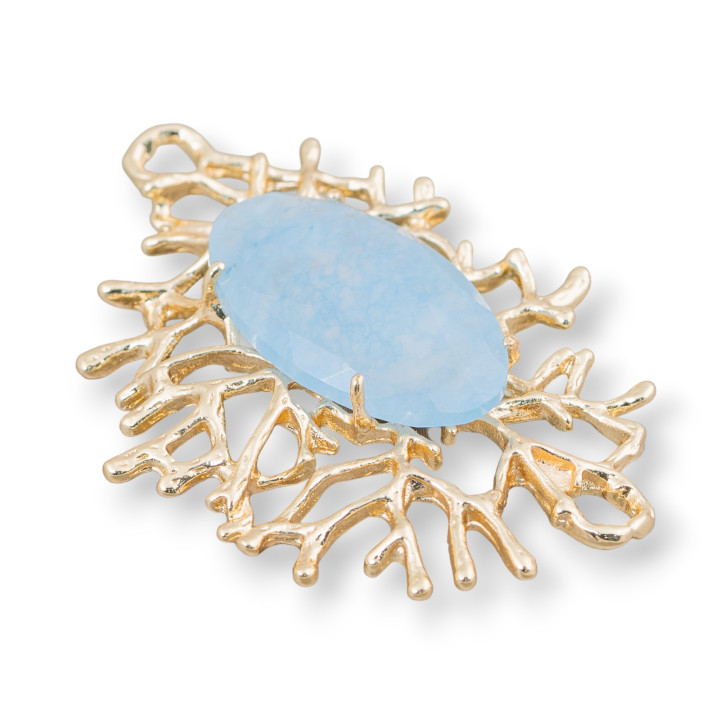Connettore Componente Di Bronzo Stile Rami Di Corallo Con Cabochon Incastonato 40x53mm 1pz Celeste