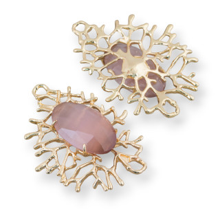 Connettore Componente Di Bronzo Stile Rami Di Corallo Con Cabochon Incastonato 40x53mm 1pz Cipria