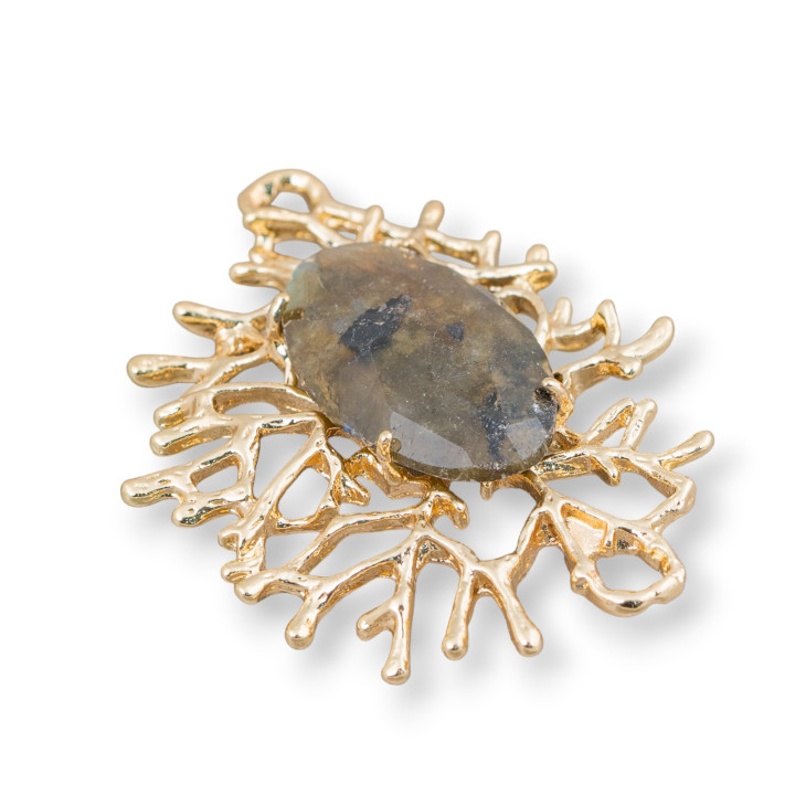 Connettore Componente Di Bronzo Stile Rami Di Corallo Con Cabochon Incastonato 40x53mm 1pz Labradorite