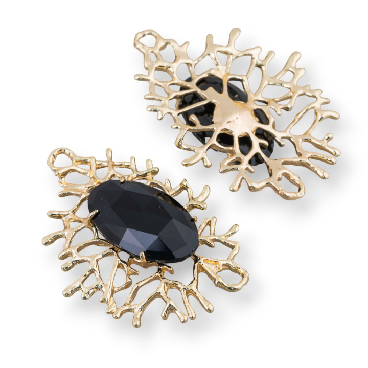 Connettore Componente Di Bronzo Stile Rami Di Corallo Con Cabochon Incastonato 40x53mm 2pz Nero