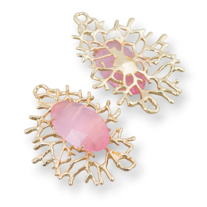 Coral Branches Style Bronze Component Connector with Cabochon Set 40x53mm 1pc Pink
