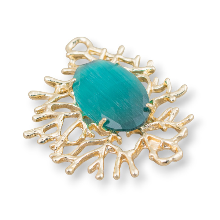Coral Branches Style Bronze Component Connector with Cabochon Set 40x53mm 1pc Green