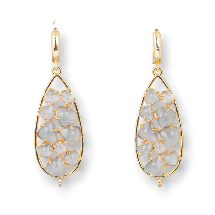 Pendientes de botón de bronce con cabujón de gota de ojo de gato 19x60 mm gris