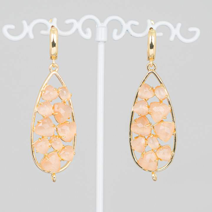 Boucles D'oreilles Tiges Bronze Cabochon Goutte Oeil De Chat 19x60 mm Pêche