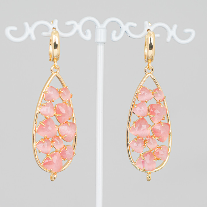 Boucles D'oreilles Tiges Bronze Cabochon Goutte Oeil De Chat 19x60 mm Rose