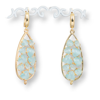 Bronze Stud Earrings With Cat's Eye Drop Cabochon 19x60mm Aqua Green