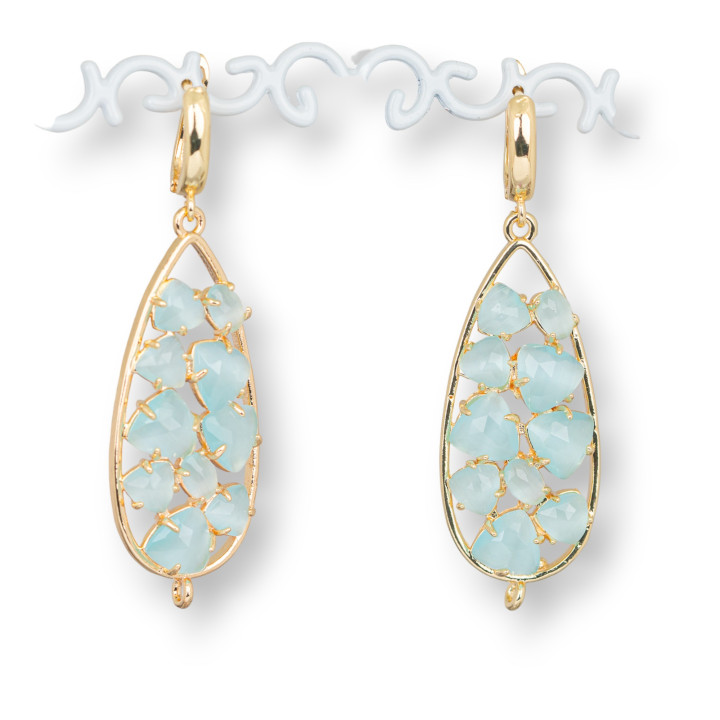 Bronze Stud Earrings With Cat's Eye Drop Cabochon 19x60mm Aqua Green