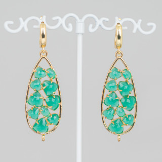 Boucles D'oreilles Tiges Bronze Cabochon Goutte Oeil De Chat 19x60 mm Vert Emeraude