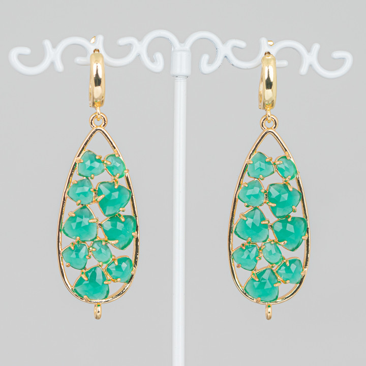 Boucles D'oreilles Tiges Bronze Cabochon Goutte Oeil De Chat 19x60 mm Vert Emeraude