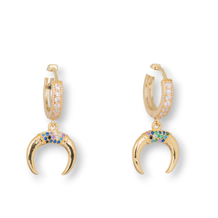 Bronze Stud Earrings With Zircons And Fantasy Horn Pendant 13x27mm