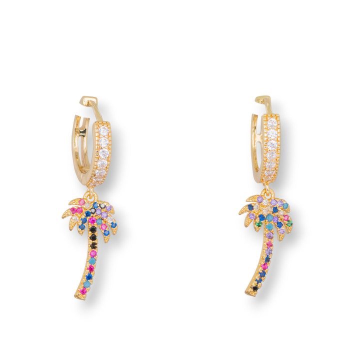 Pendientes Bolitas De Bronce Con Circonitas Y Colgante Fantasía 8x30mm Palma Dorada Multicolor