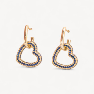 Orecchini Perno Chiuso Di Argento 925 Con Zirconi Micropave' Cuore 17x27mm 1 Paio Dorato Blu