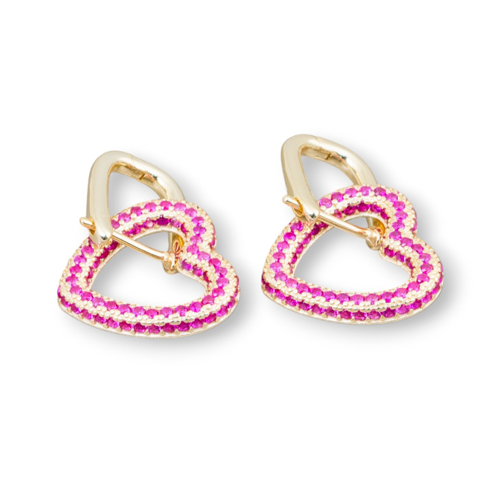 Boucles d'Oreilles Clous Fermées Argent 925 Avec Cœur Micropave Zircons 17x27mm 1 Paire Rouge Doré
