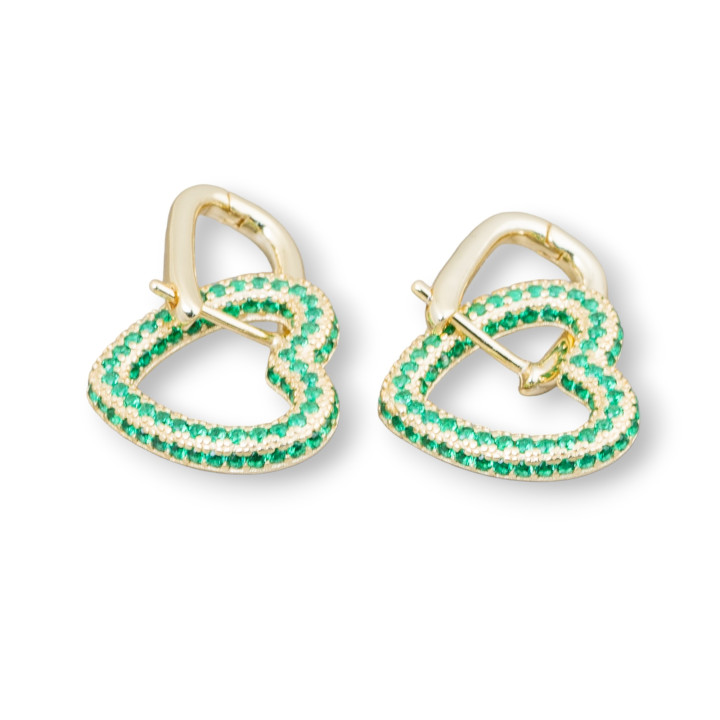 Closed Stud Earrings Of 925 Silver With Micropave' Heart Zircons 17x27mm 1 Pair Green Golden
