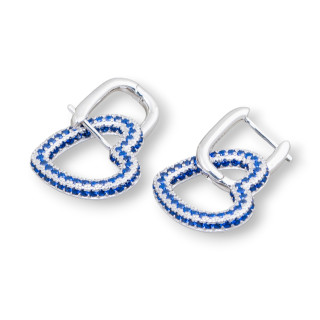 Closed Stud Earrings Of 925 Silver With Micropave' Heart Zircons 17x27mm 1 Pair Blue Rhodium Plated
