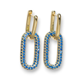 Boucles d'Oreilles Clous Fermées Argent 925 Avec Zircon Micropave Ovale 10x30mm 1 Paire Bleu Doré