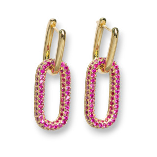 Aretes Cerrados De Plata De Ley 925 Con Micropave De Circonitas Ovaladas 10x30mm 1 Par Rojo Dorado