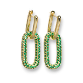 Boucles d'Oreilles Clous Fermées Argent 925 Ovale Zircons Micropave 10x30mm 1 Paire Doré Vert