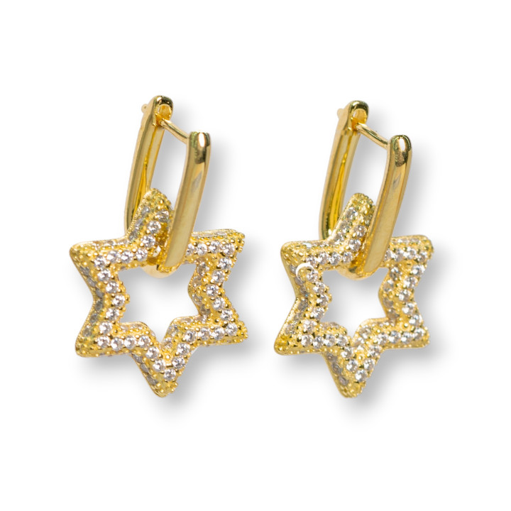 Closed Stud Earrings Of 925 Silver With Micropave' Zircons Star 15.5x25mm 1 Pair White Golden