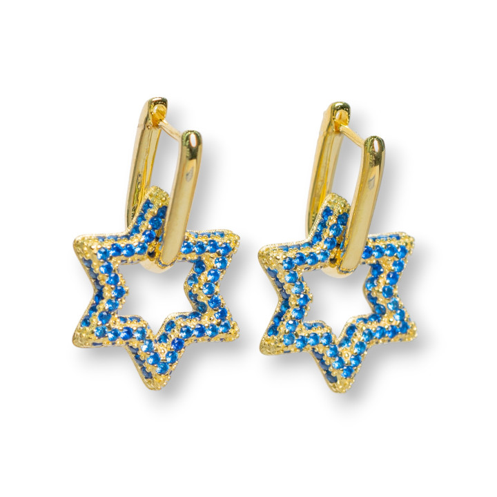 Boucles d'Oreilles Clous Fermées en Argent 925 Avec Étoile de Zircon Micropave 15,5x25mm 1 Paire Bleu Doré