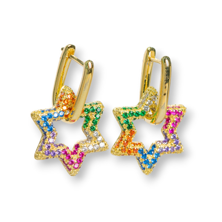 Orecchini Perno Chiuso Di Argento 925 Con Zirconi Micropave' Stella 15,5x25mm 1 Paio Dorato Multicolor