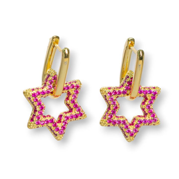 Closed Stud Earrings Of 925 Silver With Micropave' Zircons Star 15.5x25mm 1 Pair Red Golden