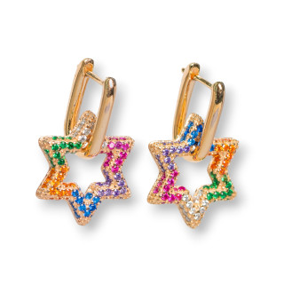 Closed Stud Earrings Of 925 Silver With Micropave' Zircons Star 15.5x25mm 1 Pair Rose Gold Multicolor