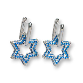 Closed Stud Earrings Of 925 Silver With Micropave' Star Zircons 15.5x25mm 1 Pair Blue Rhodium Plated