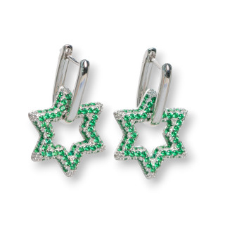 Closed Stud Earrings Of 925 Silver With Micropave' Zircons Star 15.5x25mm 1 Pair Green Rhodium Plated