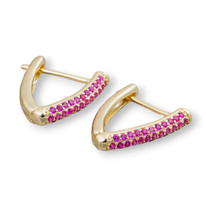 Boucles d'Oreilles Clous Fermées Argent 925 Avec Triangle Micropave Zircons 14x16mm 2 Paires Rouge Doré