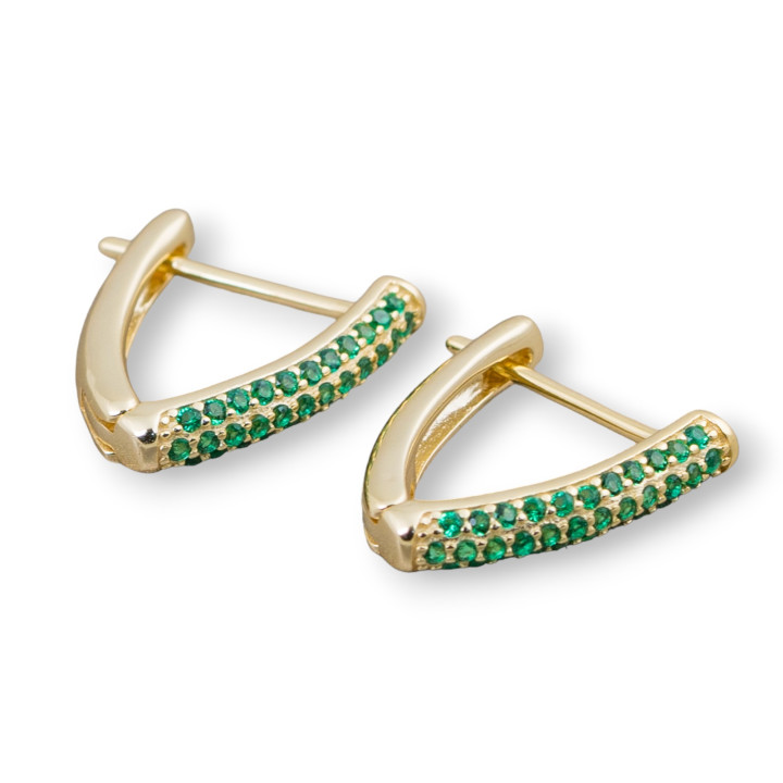 Orecchini Perno Chiuso Di Argento 925 Con Zirconi Micropave' Triangolo 14x16mm 2 Paia Dorato Verde