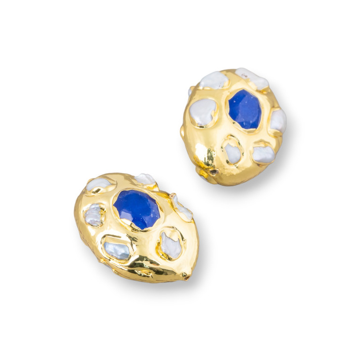 Componente de orificio pasante dorado con perlas de río y piedras ovaladas 26x24 mm 4 piezas Azul