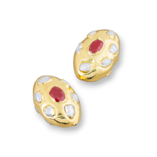 Goldene Durchgangslochkomponente mit Flussperlen und Steinen, oval, 26 x 24 mm, 4 Stk., rot