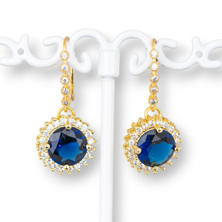 Bronze-Ohrstecker mit Zirkonen und Bronze-Cabochon 13x28mm Goldblau