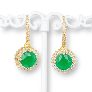 Boucles D'oreilles Tiges En Bronze Avec Zircons Et Cabochon En Bronze 13x28mm Doré Vert