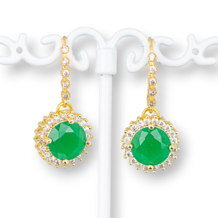 Boucles D'oreilles Tiges En Bronze Avec Zircons Et Cabochon En Bronze 13x28mm Doré Vert