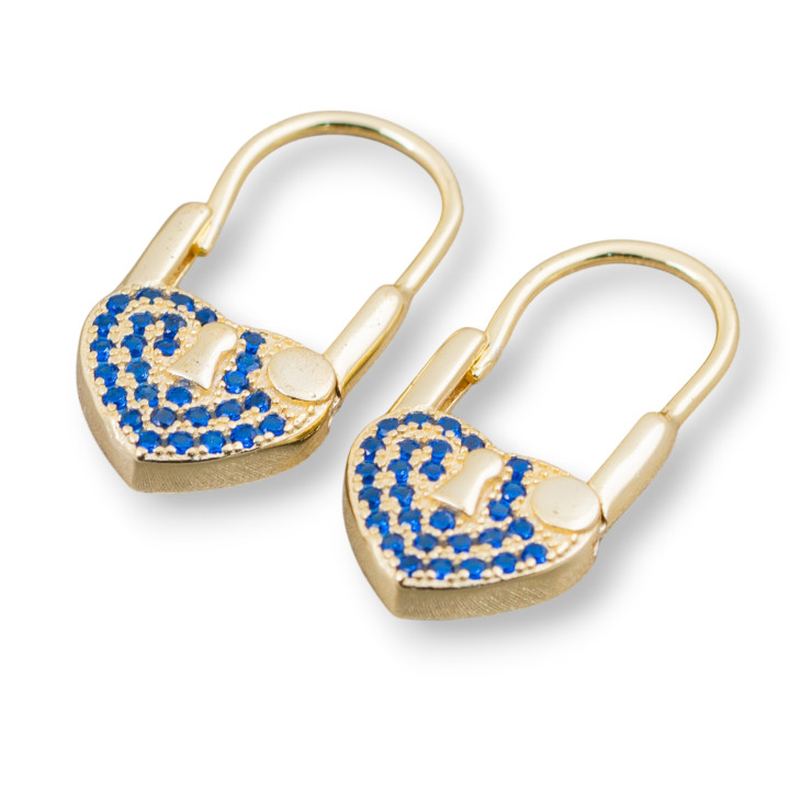 Pendientes Gancho Cerrado Plata 925 Con Micropave Circonitas Con Corazon 10x21mm 2 Pares Azul Dorado