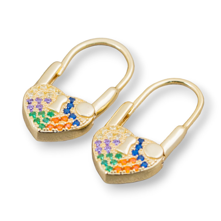 Pendientes De Gancho Cerrado De Plata De Ley 925 Con Circonitas Micropave Con Corazon 10x21mm 2 Pares Dorado Multicolor