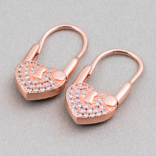 Closed Hook Earrings Of 925 Silver With Micropave' Zircons With Heart 10x21mm 2 Pairs Rose Gold White