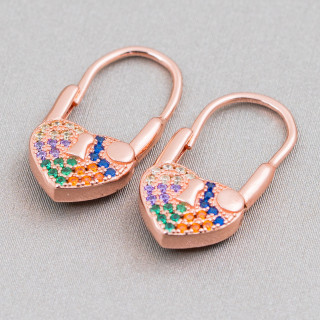 Boucles d'oreilles crochet fermé en argent sterling 925 avec zircons micropave avec coeur 10x21mm 2 paires or rose multicolore