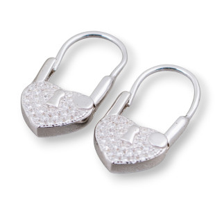 Boucles d'Oreilles Crochet Fermé Argent 925 Avec Zircons Micropave Avec Coeur 10x21mm 2 Paires Rhodium Blanc