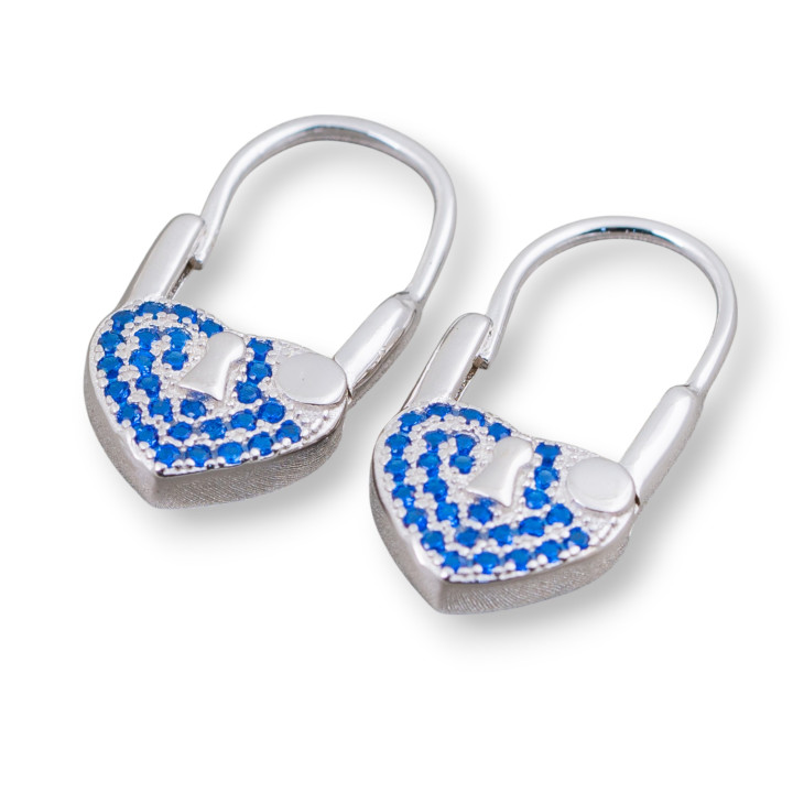 Pendientes De Gancho Cerrado De Plata De Ley 925 Con Micropave De Circonitas Con Corazon 10x21mm 2 Pares De Rodio Azul