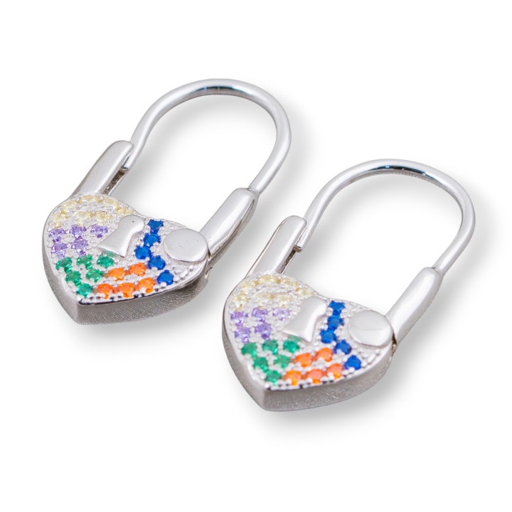 Closed Hook Earrings Of 925 Silver With Micropave' Zircons With Heart 10x21mm 2 Pairs Multicolor Rhodium Plated