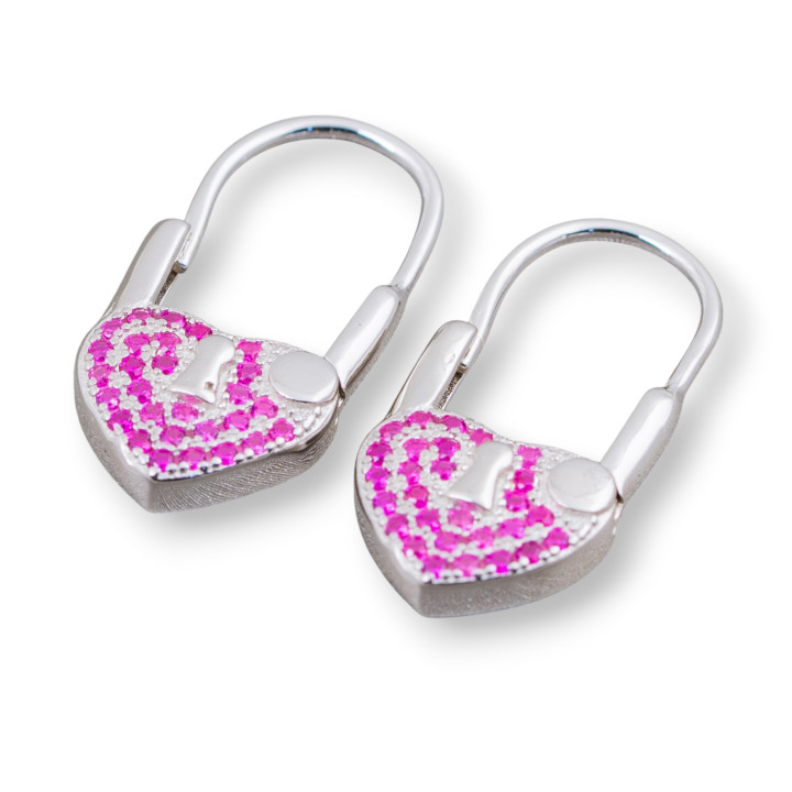 Orecchini Monachella Chiusa Di Argento 925 Con Zirconi Micropave' Con Cuore 10x21mm 2 Paia Rodiato Rosso