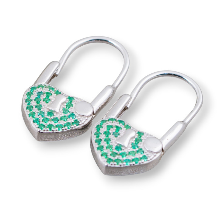 Closed Hook Earrings Of 925 Silver With Micropave' Zircons With Heart 10x21mm 2 Pairs Green Rhodium Plated