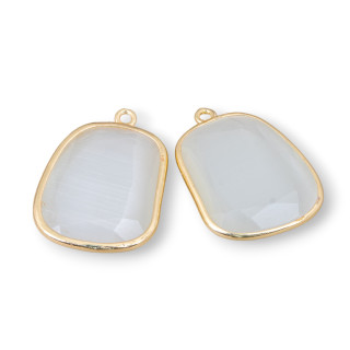 Brass Component Connector With Faceted Cat's Eye 20x27mm With 1 Ring 4pcs White