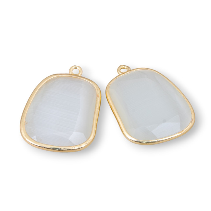 Brass Component Connector With Faceted Cat's Eye 20x27mm With 1 Ring 4pcs White