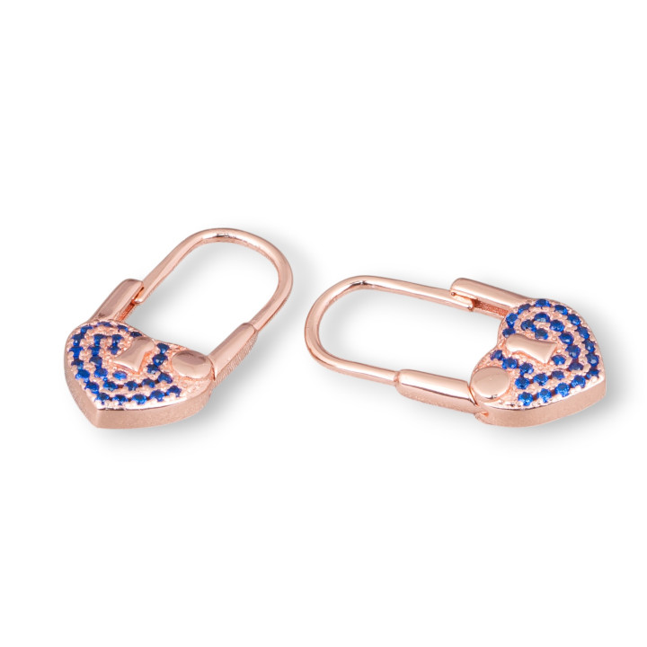 Pendientes Gancho Cerrado Plata 925 Con Circonitas Micropave Con Corazon 10x21mm 2 Pares Oro Rosa Azul