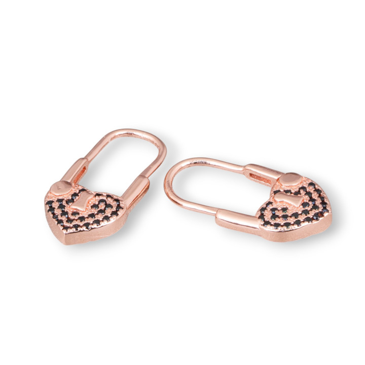 Orecchini Monachella Chiusa Di Argento 925 Con Zirconi Micropave' Con Cuore 10x21mm 2 Paia Oro Rosa Nero